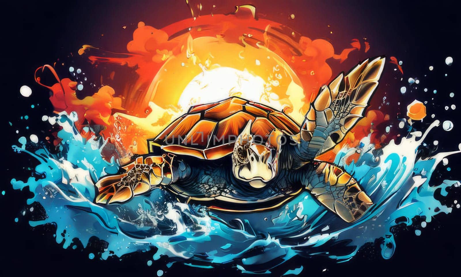 Serene turtle gracefully gliding through shimmering ocean waters, illuminated by warm hues of breathtaking sunset. For fashion, clothing design, animal themed clothing advertising, Tshirt, postcard. by Angelsmoon