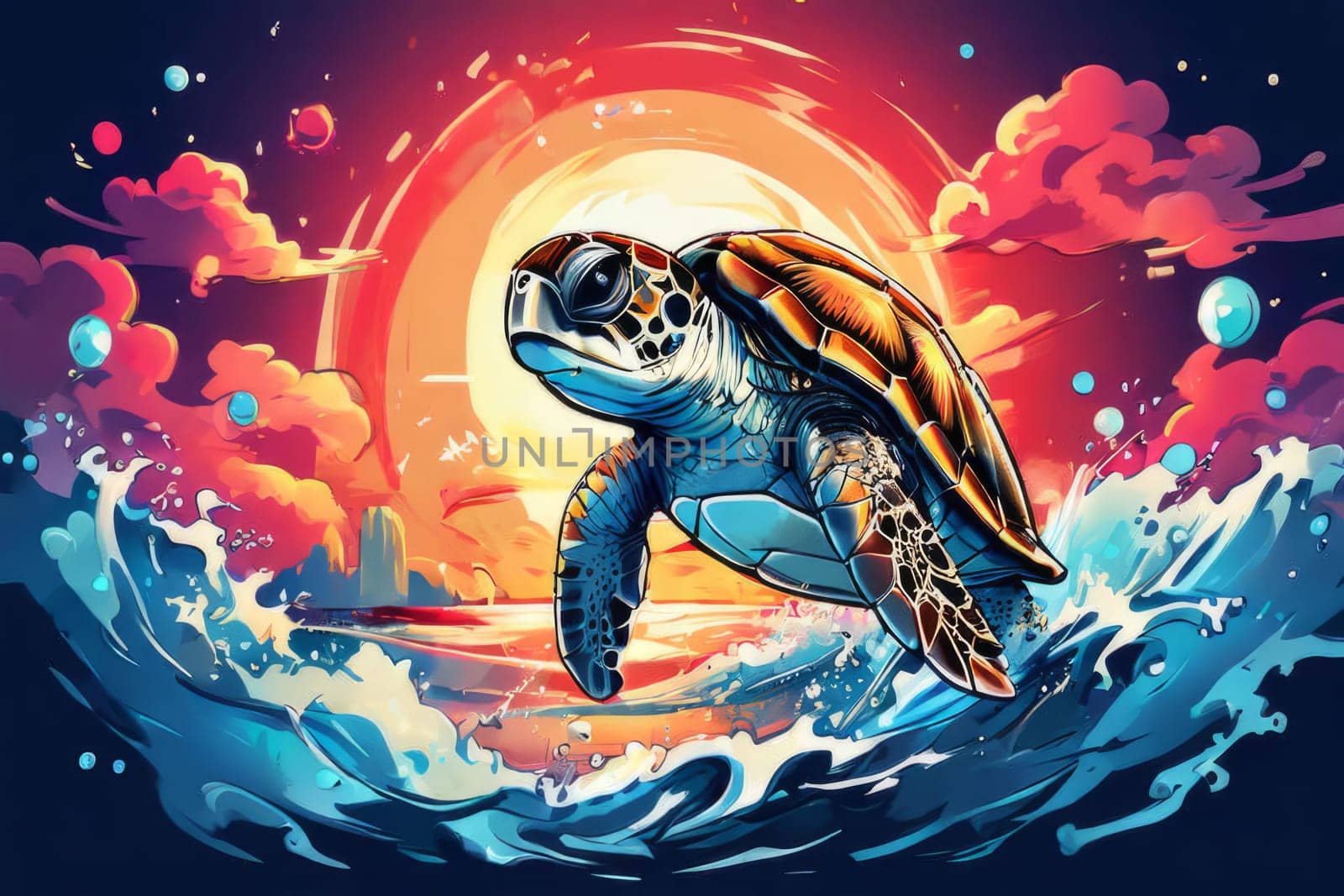 Serene turtle gracefully gliding through shimmering ocean waters, illuminated by warm hues of breathtaking sunset. For fashion, clothing design, animal themed clothing advertising, Tshirt, postcard