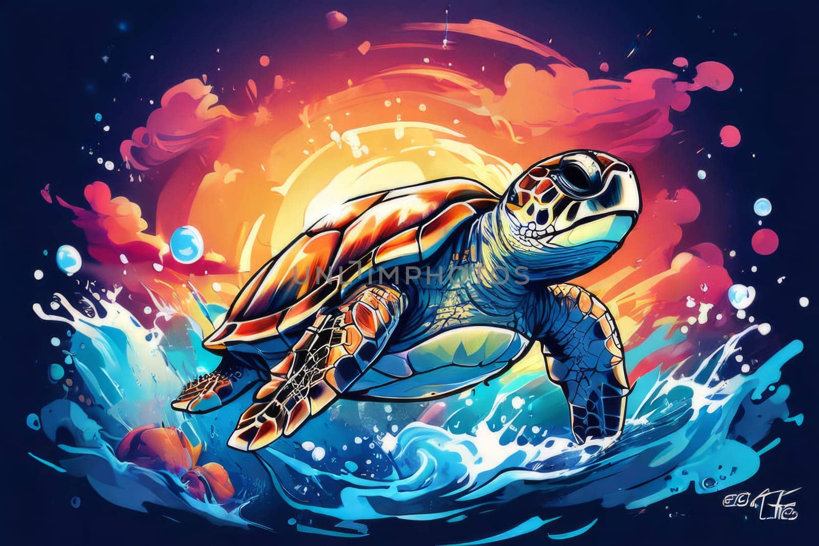 Serene turtle gracefully gliding through shimmering ocean waters, illuminated by warm hues of breathtaking sunset. For fashion, clothing design, animal themed clothing advertising, Tshirt, postcard. by Angelsmoon