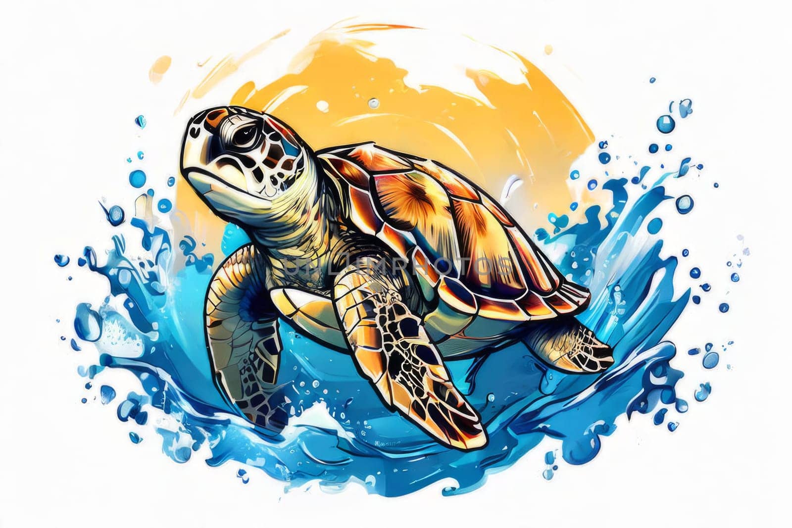 Serene turtle gracefully gliding through shimmering ocean waters, illuminated by warm hues of breathtaking sunset. For fashion, clothing design, animal themed clothing advertising, Tshirt, postcard. by Angelsmoon