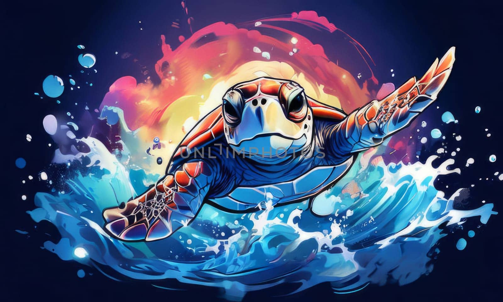 Serene turtle gracefully gliding through shimmering ocean waters, illuminated by warm hues of breathtaking sunset. For fashion, clothing design, animal themed clothing advertising, Tshirt, postcard. by Angelsmoon