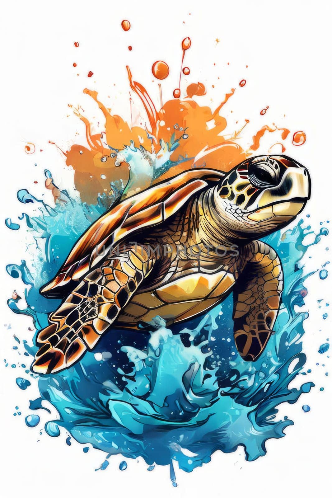 Serene turtle gracefully gliding through shimmering ocean waters, illuminated by warm hues of breathtaking sunset. For fashion, clothing design, animal themed clothing advertising, Tshirt, postcard. by Angelsmoon