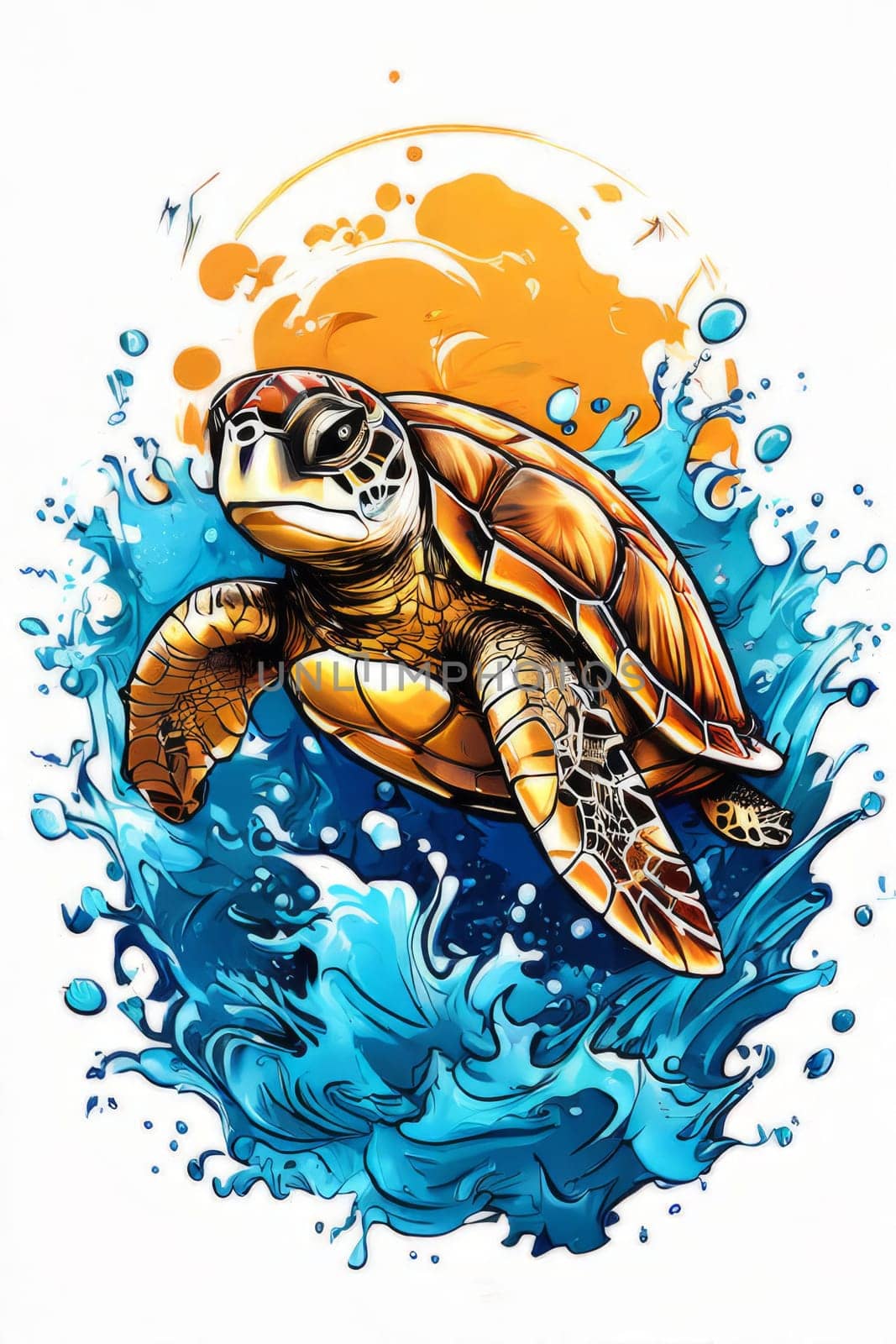 Serene turtle gracefully gliding through shimmering ocean waters, illuminated by warm hues of breathtaking sunset. For fashion, clothing design, animal themed clothing advertising, Tshirt, postcard