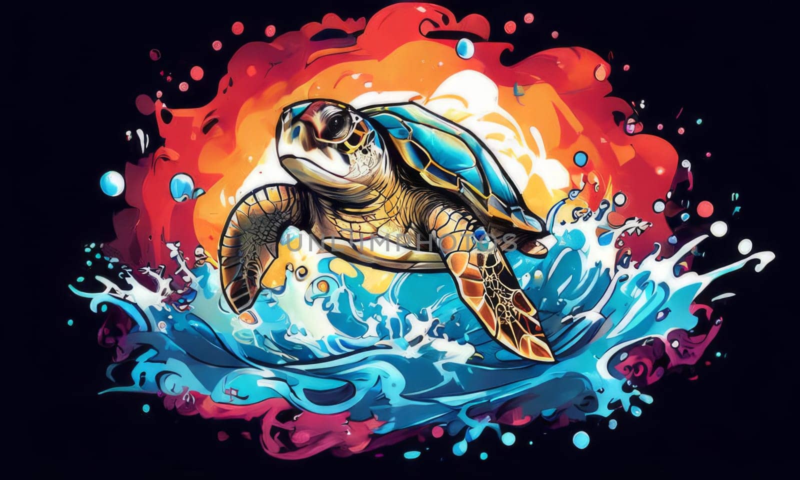 Serene turtle gracefully gliding through shimmering ocean waters, illuminated by warm hues of breathtaking sunset. For fashion, clothing design, animal themed clothing advertising, Tshirt, postcard