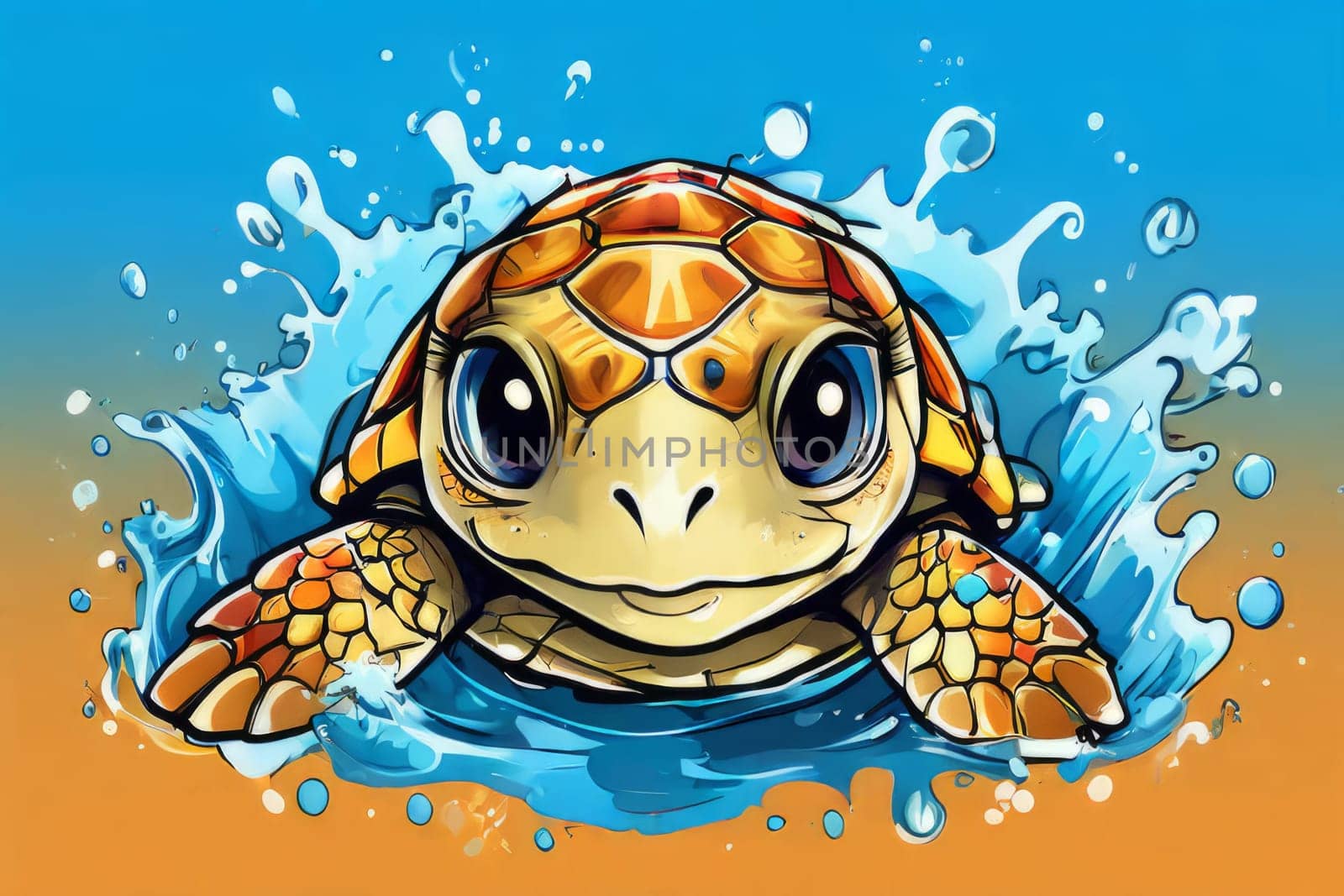 Serene turtle gracefully gliding through shimmering ocean waters, illuminated by warm hues of breathtaking sunset. For fashion, clothing design, animal themed clothing advertising, Tshirt, postcard