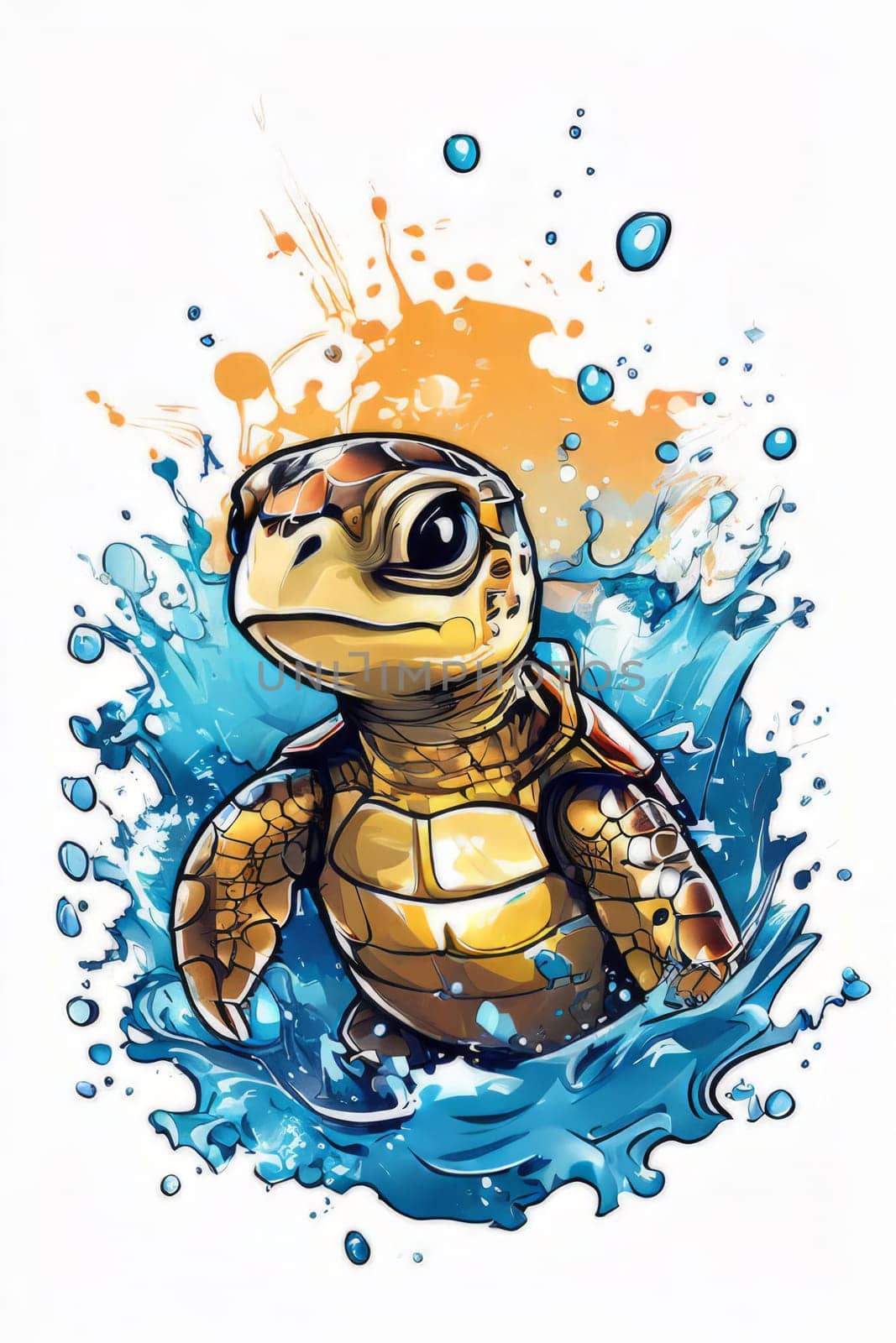 Serene turtle gracefully gliding through shimmering ocean waters, illuminated by warm hues of breathtaking sunset. For fashion, clothing design, animal themed clothing advertising, Tshirt, postcard. by Angelsmoon