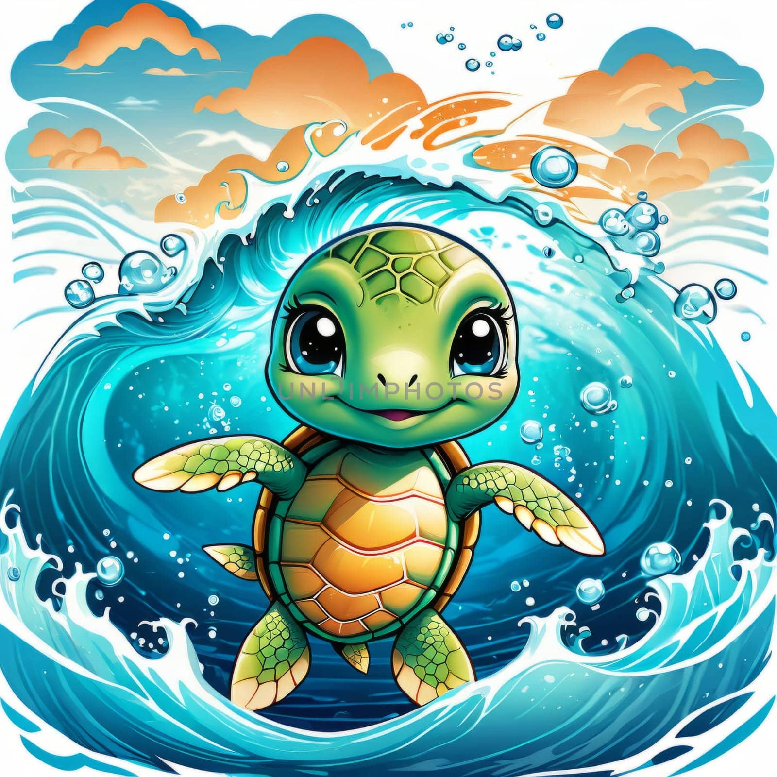 Serene turtle gracefully gliding through shimmering ocean waters, illuminated by warm hues of breathtaking sunset. For fashion, clothing design, animal themed clothing advertising, Tshirt, postcard. by Angelsmoon