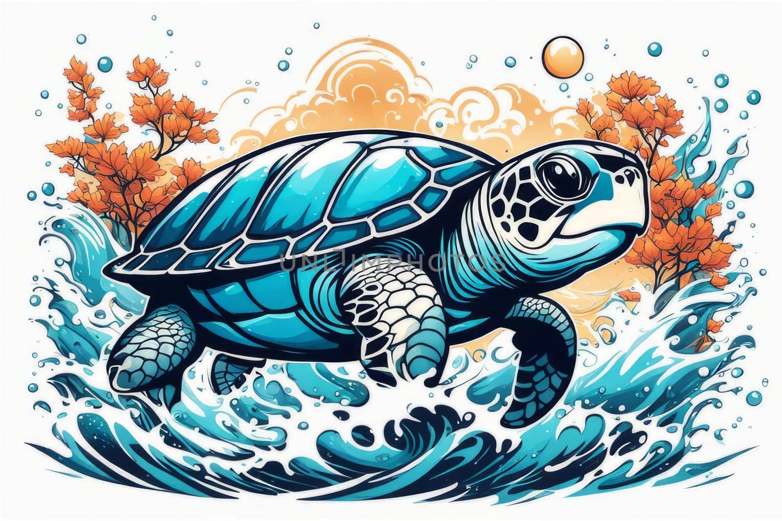 Serene turtle gracefully gliding through shimmering ocean waters, illuminated by warm hues of breathtaking sunset. For fashion, clothing design, animal themed clothing advertising, Tshirt, postcard