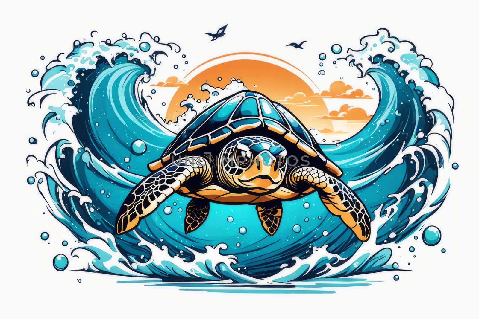 Serene turtle gracefully gliding through shimmering ocean waters, illuminated by warm hues of breathtaking sunset. For fashion, clothing design, animal themed clothing advertising, Tshirt, postcard