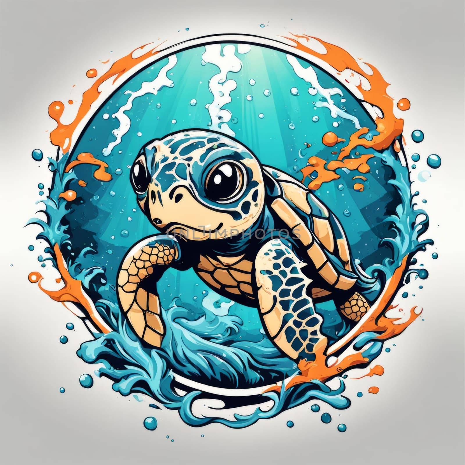 Serene turtle gracefully gliding through shimmering ocean waters, illuminated by warm hues of breathtaking sunset. For fashion, clothing design, animal themed clothing advertising, Tshirt, postcard