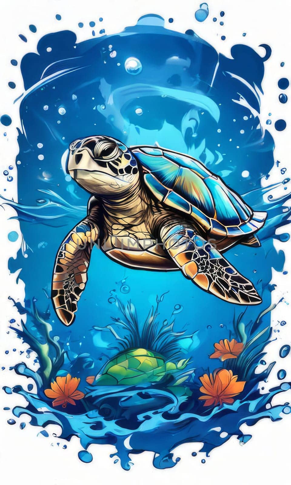 Majestic sea turtle gracefully swimming in ocean depths, surrounded by tranquil beauty of delicate lotus flower. For Tshirt design, posters, postcards, merchandise with marine theme, childrens books. by Angelsmoon