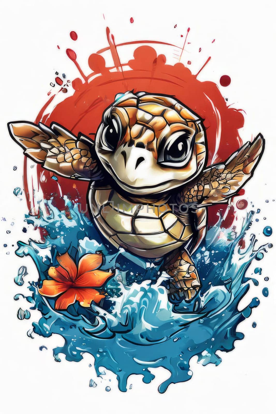 Majestic sea turtle gracefully swimming in ocean depths, surrounded by tranquil beauty of delicate lotus flower. For Tshirt design, posters, postcards, merchandise with marine theme, childrens books. by Angelsmoon