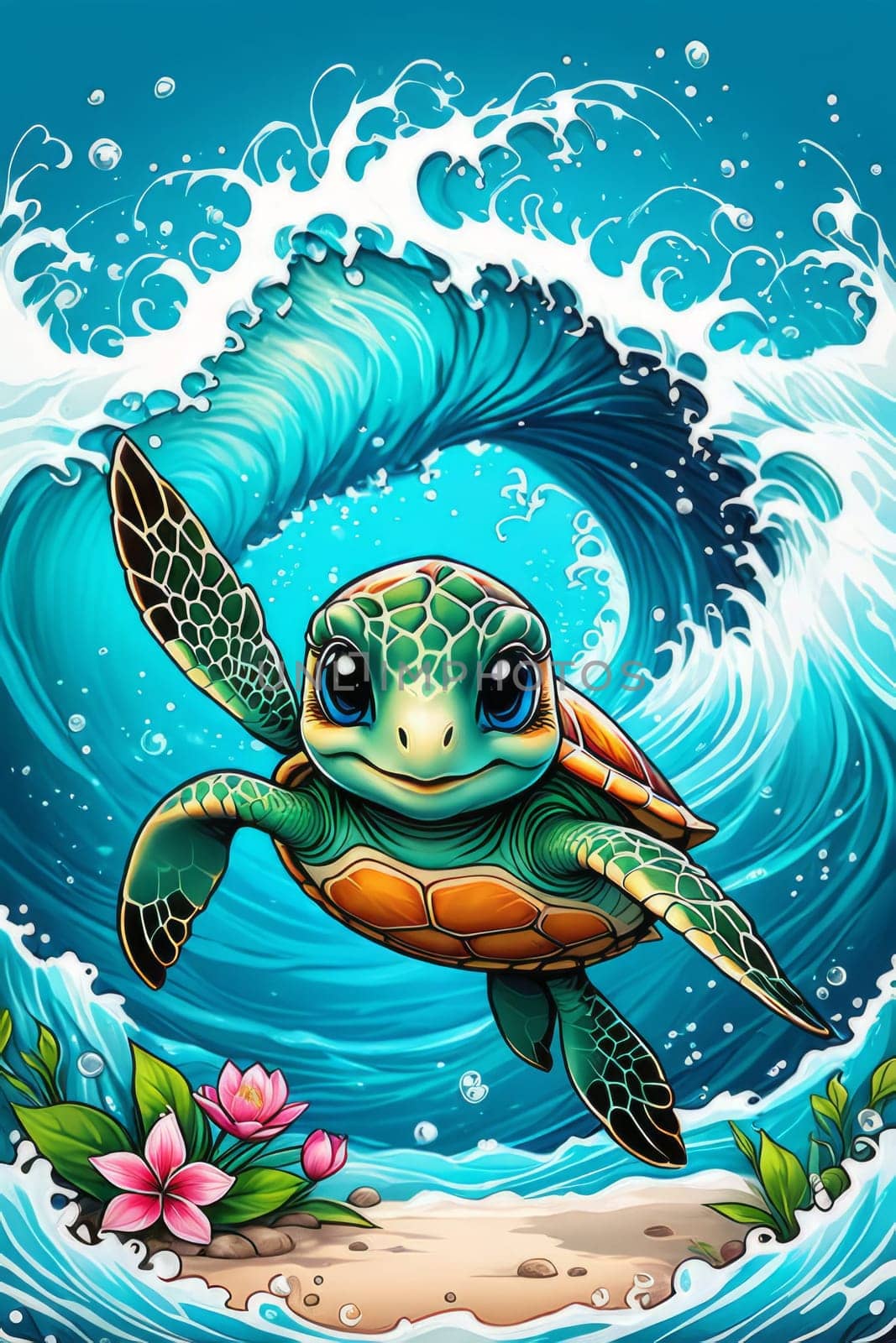 Majestic sea turtle gracefully swimming in ocean depths, surrounded by tranquil beauty of delicate lotus flower. For Tshirt design, posters, postcards, merchandise with marine theme, childrens books