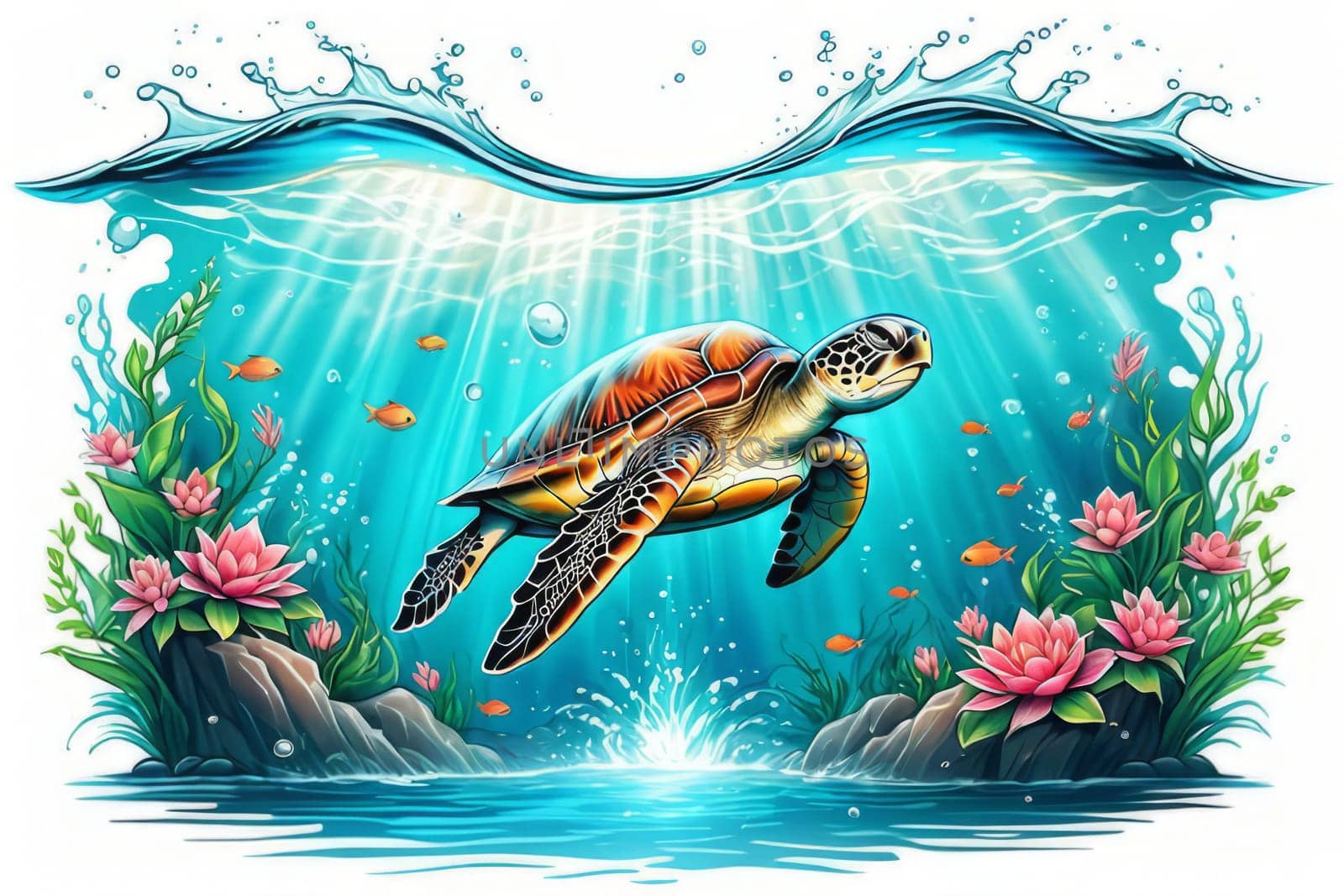 Majestic sea turtle gracefully swimming in ocean depths, surrounded by tranquil beauty of delicate lotus flower. For Tshirt design, posters, postcards, merchandise with marine theme, childrens books