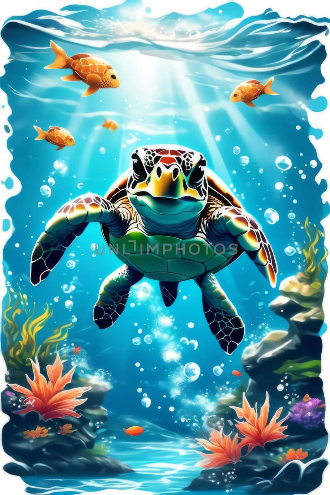 Majestic sea turtle gracefully swimming in ocean depths, surrounded by tranquil beauty of delicate lotus flower. For Tshirt design, posters, postcards, merchandise with marine theme, childrens books