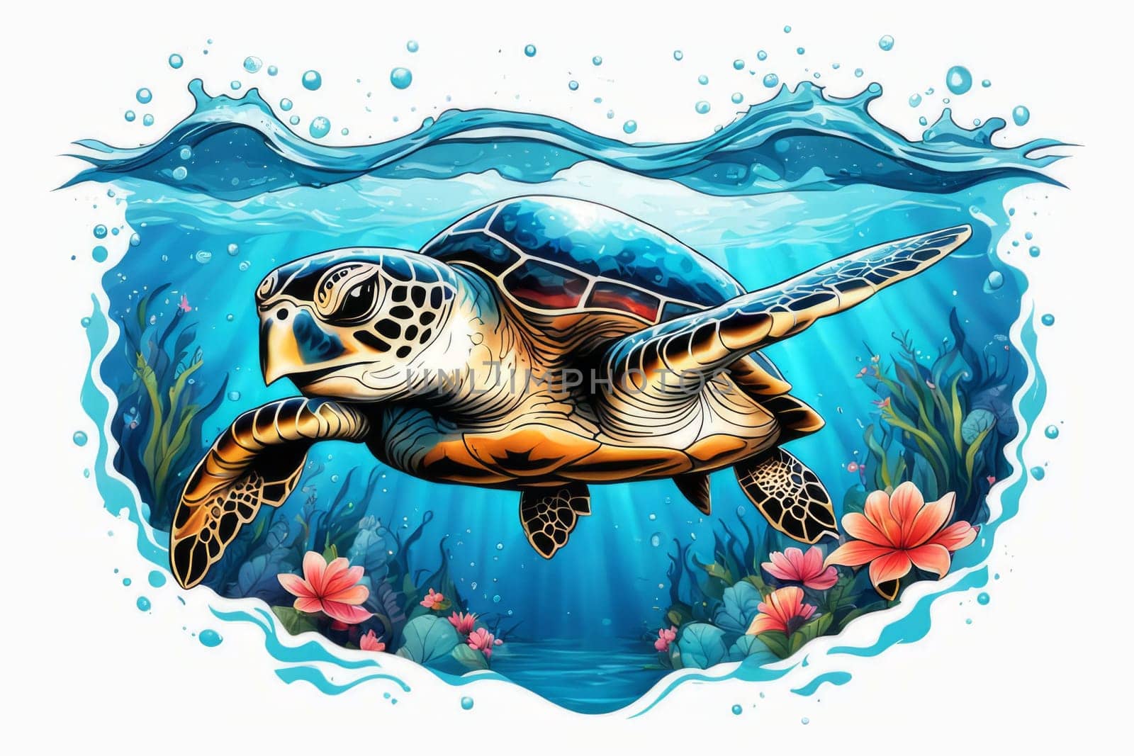 Majestic sea turtle gracefully swimming in ocean depths, surrounded by tranquil beauty of delicate lotus flower. For Tshirt design, posters, postcards, merchandise with marine theme, childrens books