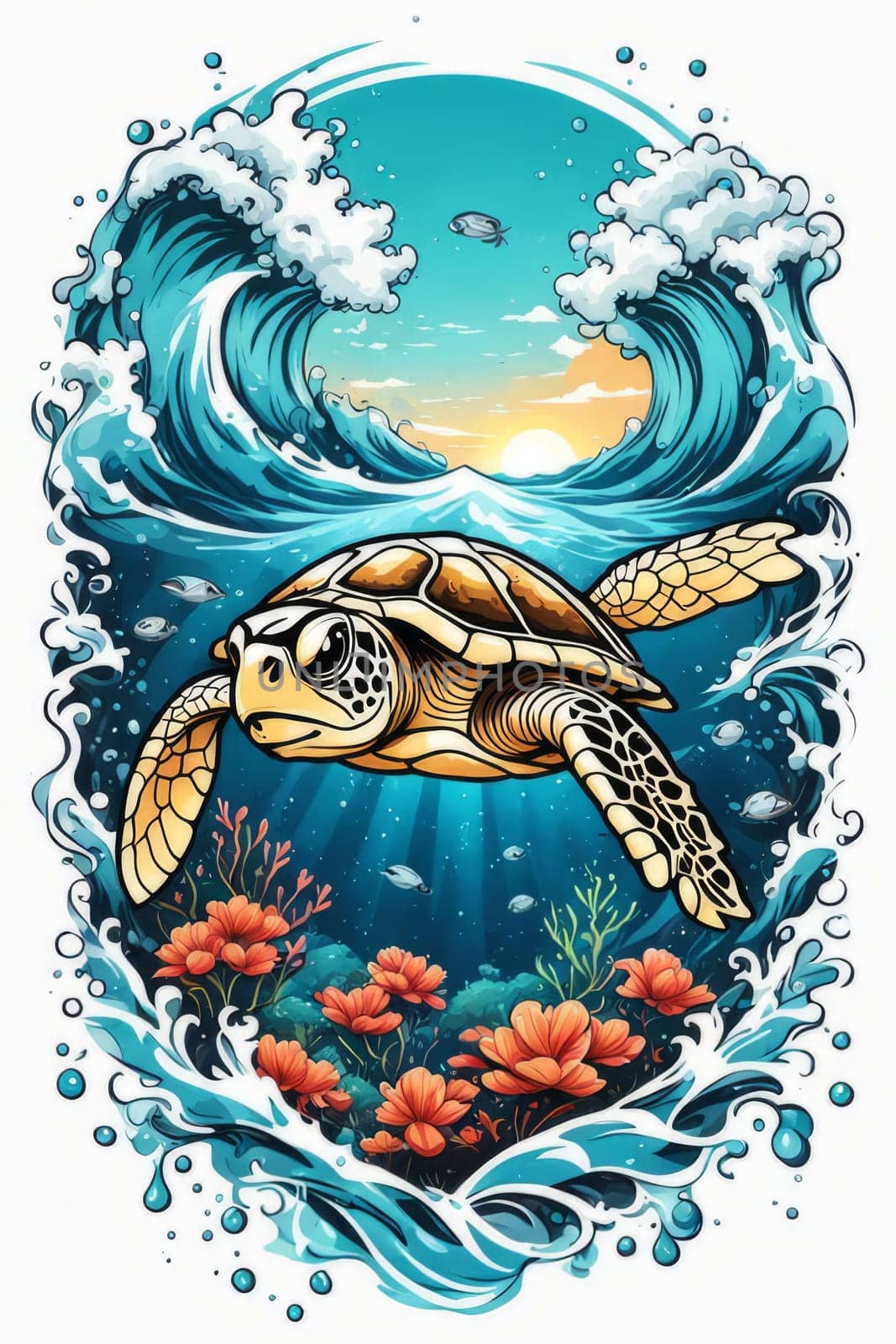 Majestic sea turtle gracefully swimming in ocean depths, surrounded by tranquil beauty of delicate lotus flower. For Tshirt design, posters, postcards, merchandise with marine theme, childrens books. by Angelsmoon