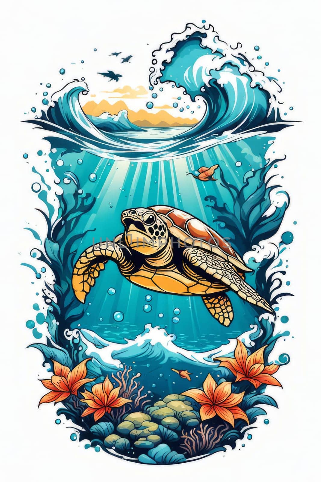 Majestic sea turtle gracefully swimming in ocean depths, surrounded by tranquil beauty of delicate lotus flower. For Tshirt design, posters, postcards, merchandise with marine theme, childrens books. by Angelsmoon