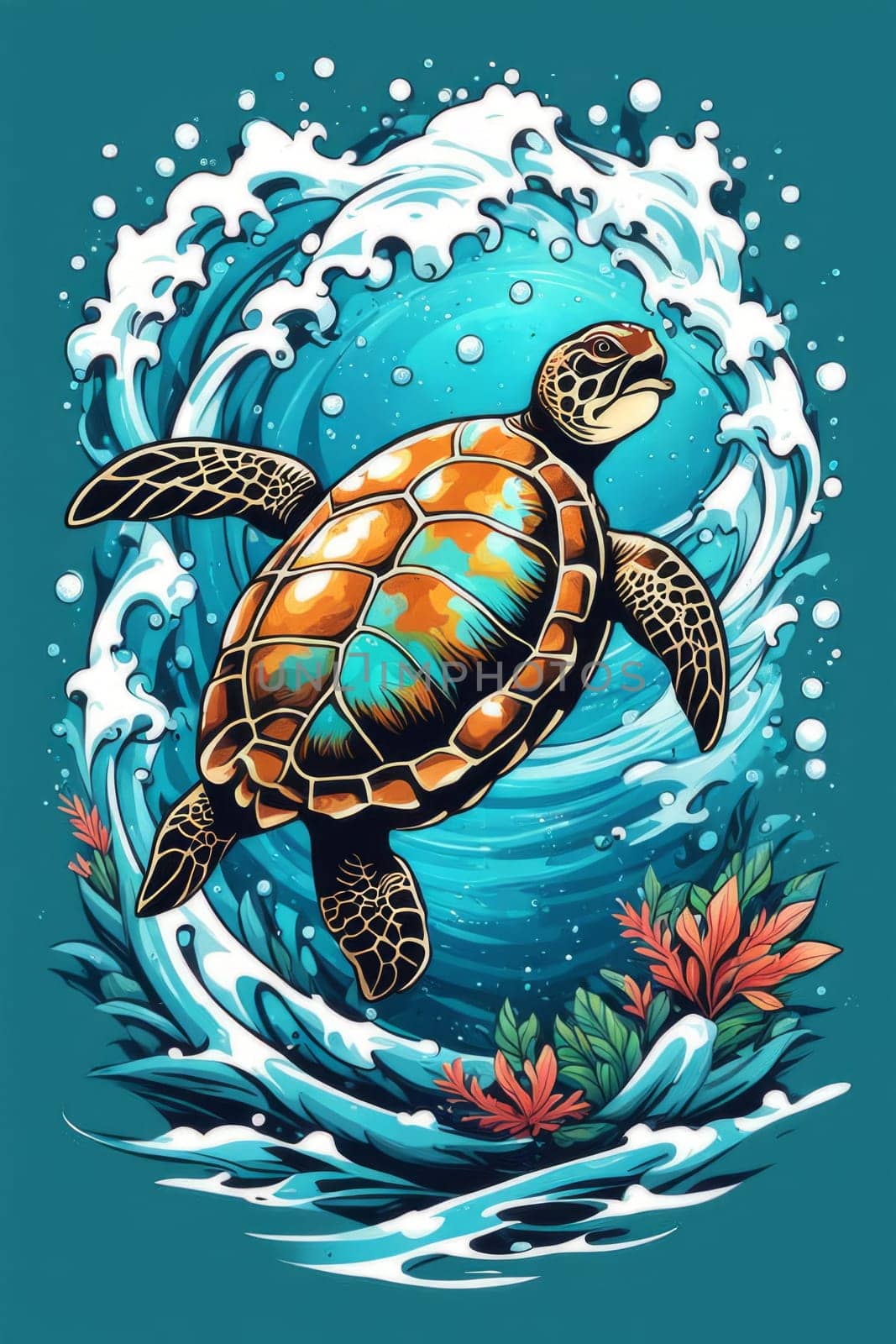 Majestic sea turtle gracefully swimming in ocean depths, surrounded by tranquil beauty of delicate lotus flower. For Tshirt design, posters, postcards, merchandise with marine theme, childrens books