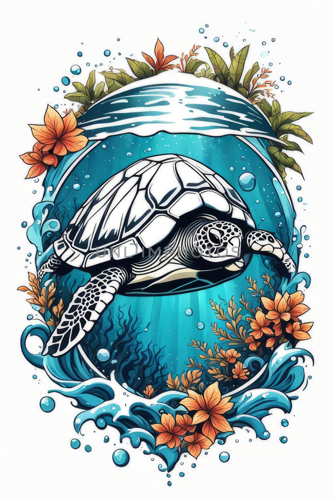 Majestic sea turtle gracefully swimming in ocean depths, surrounded by tranquil beauty of delicate lotus flower. For Tshirt design, posters, postcards, merchandise with marine theme, childrens books. by Angelsmoon