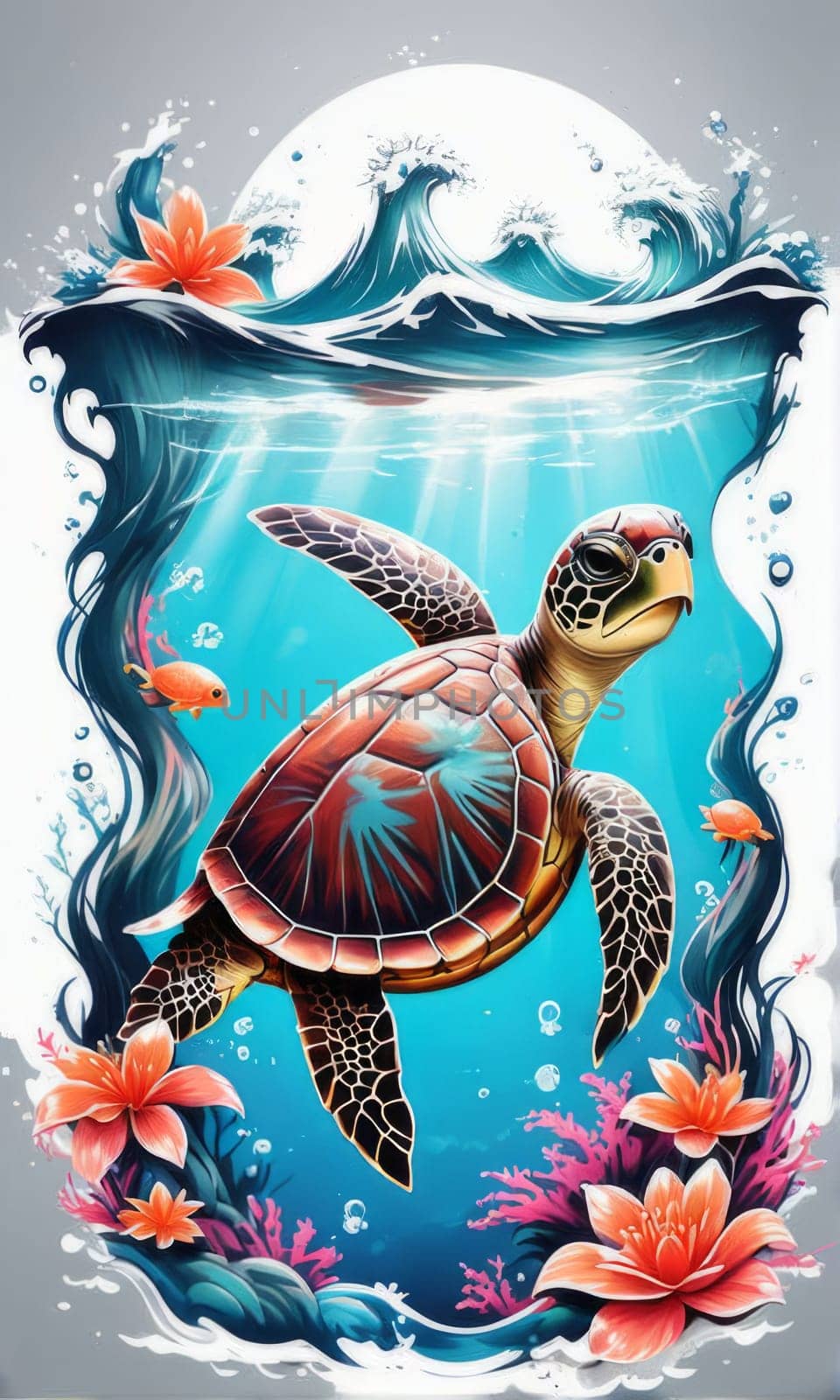 Majestic sea turtle gracefully swimming in ocean depths, surrounded by tranquil beauty of delicate lotus flower. For Tshirt design, posters, postcards, merchandise with marine theme, childrens books. by Angelsmoon