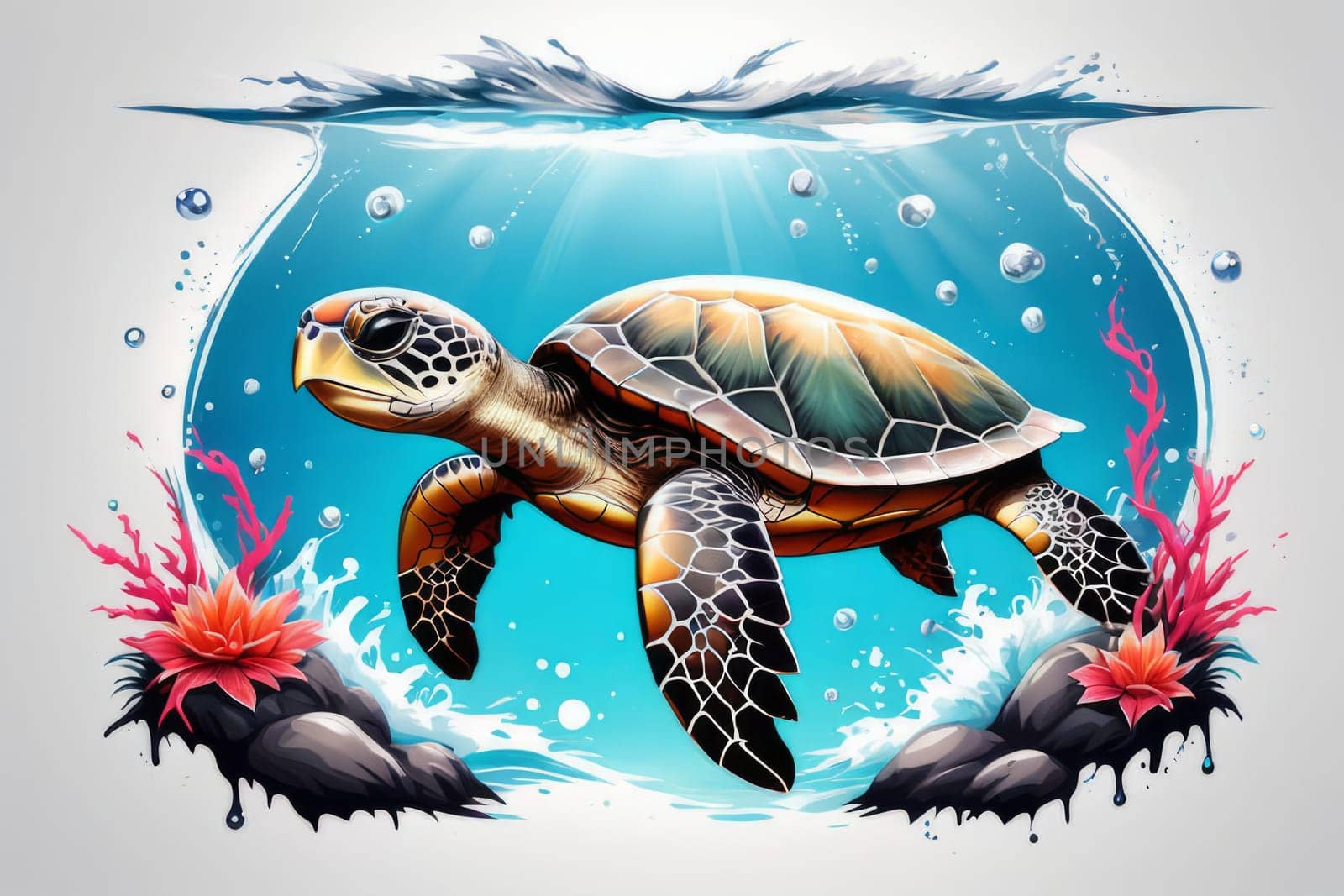 Majestic sea turtle gracefully swimming in ocean depths, surrounded by tranquil beauty of delicate lotus flower. For Tshirt design, posters, postcards, merchandise with marine theme, childrens books