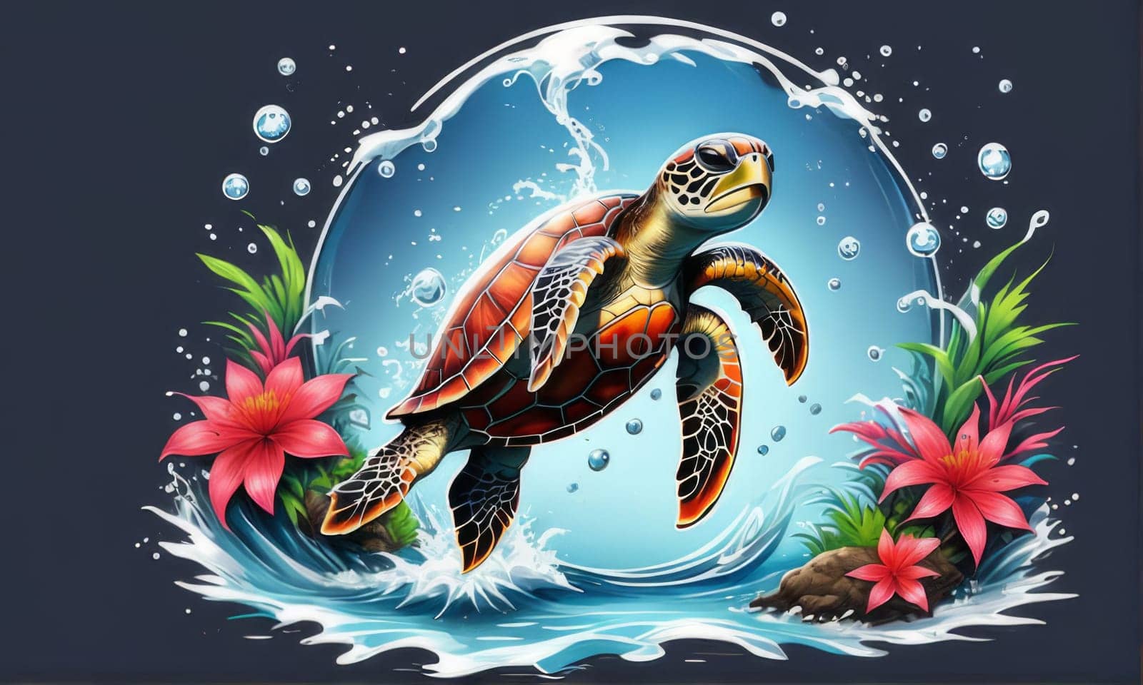 Majestic sea turtle gracefully swimming in ocean depths, surrounded by tranquil beauty of delicate lotus flower. For Tshirt design, posters, postcards, merchandise with marine theme, childrens books