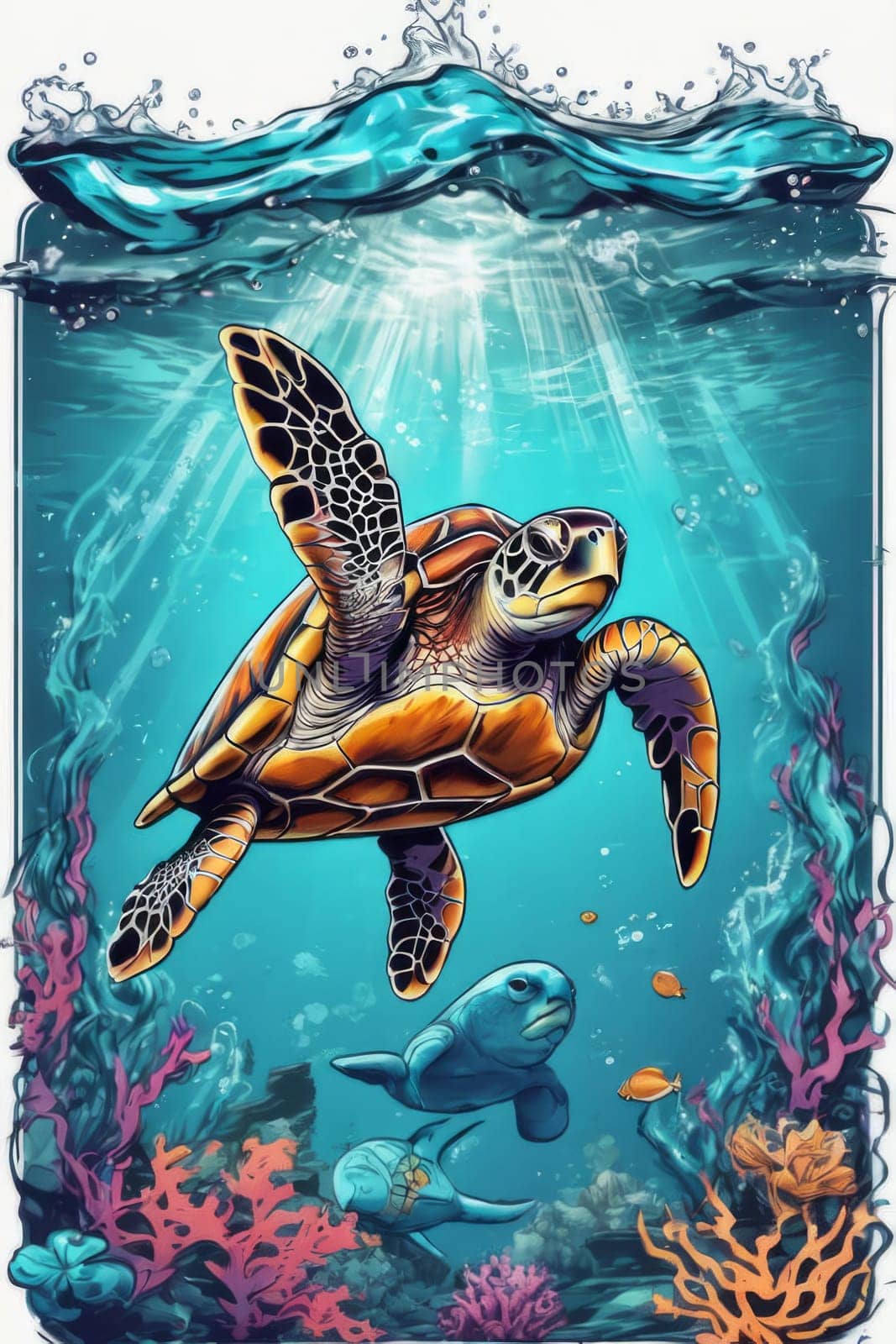 Majestic sea turtle gracefully swimming in ocean depths, surrounded by tranquil beauty of delicate lotus flower. For Tshirt design, posters, postcards, merchandise with marine theme, childrens books