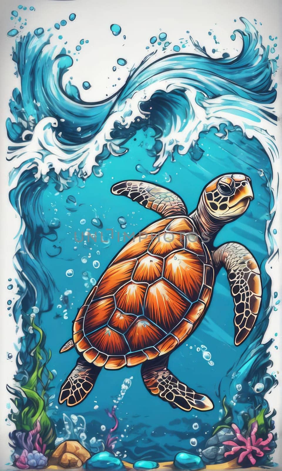 Majestic sea turtle gracefully swimming in ocean depths, surrounded by tranquil beauty of delicate lotus flower. For Tshirt design, posters, postcards, merchandise with marine theme, childrens books
