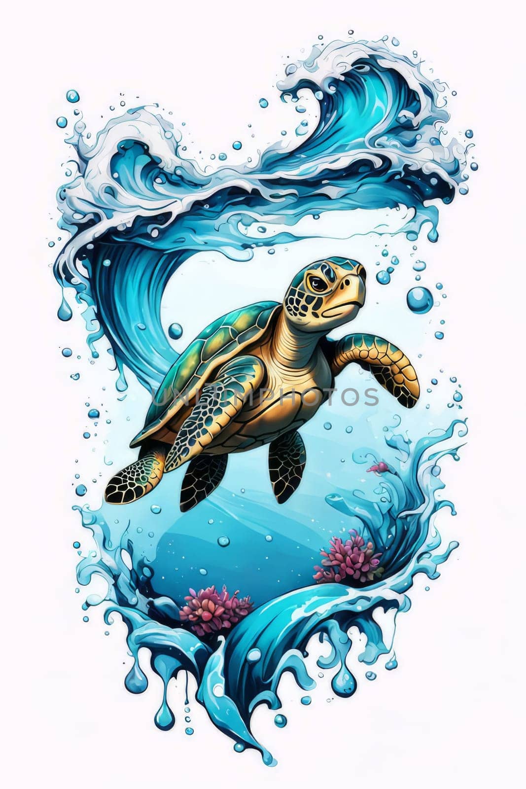 Majestic sea turtle gracefully swimming in ocean depths, surrounded by tranquil beauty of delicate lotus flower. For Tshirt design, posters, postcards, merchandise with marine theme, childrens books