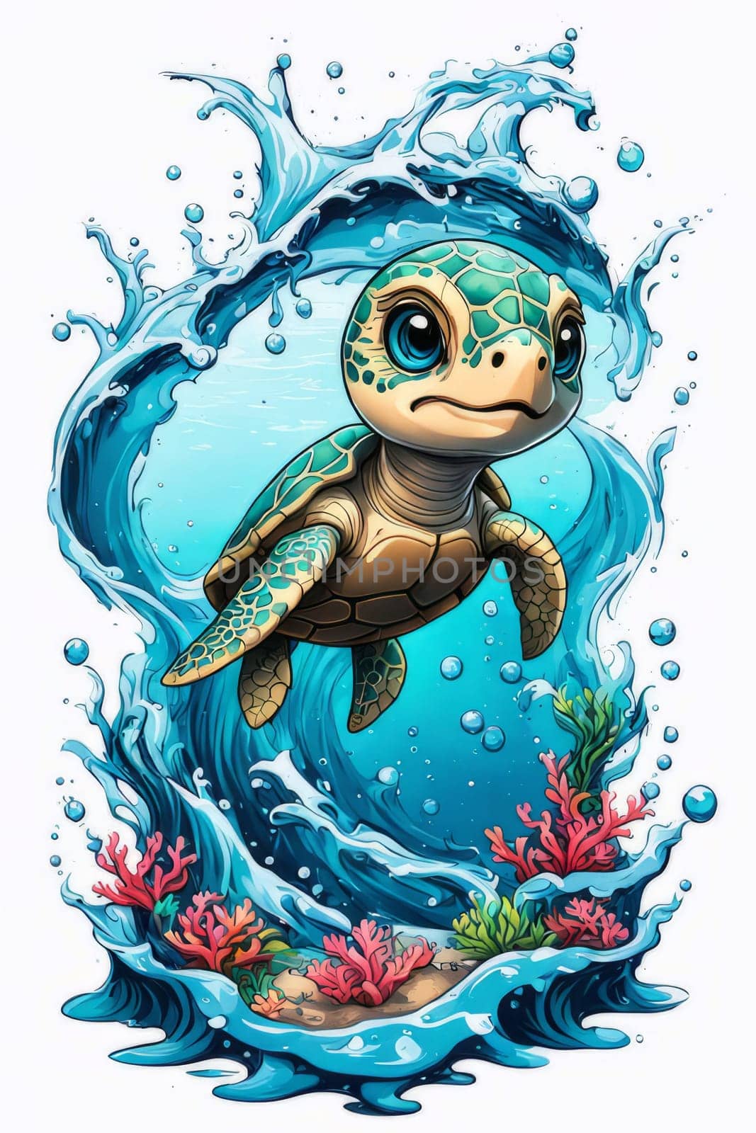 Majestic sea turtle gracefully swimming in ocean depths, surrounded by tranquil beauty of delicate lotus flower. For Tshirt design, posters, postcards, merchandise with marine theme, childrens books