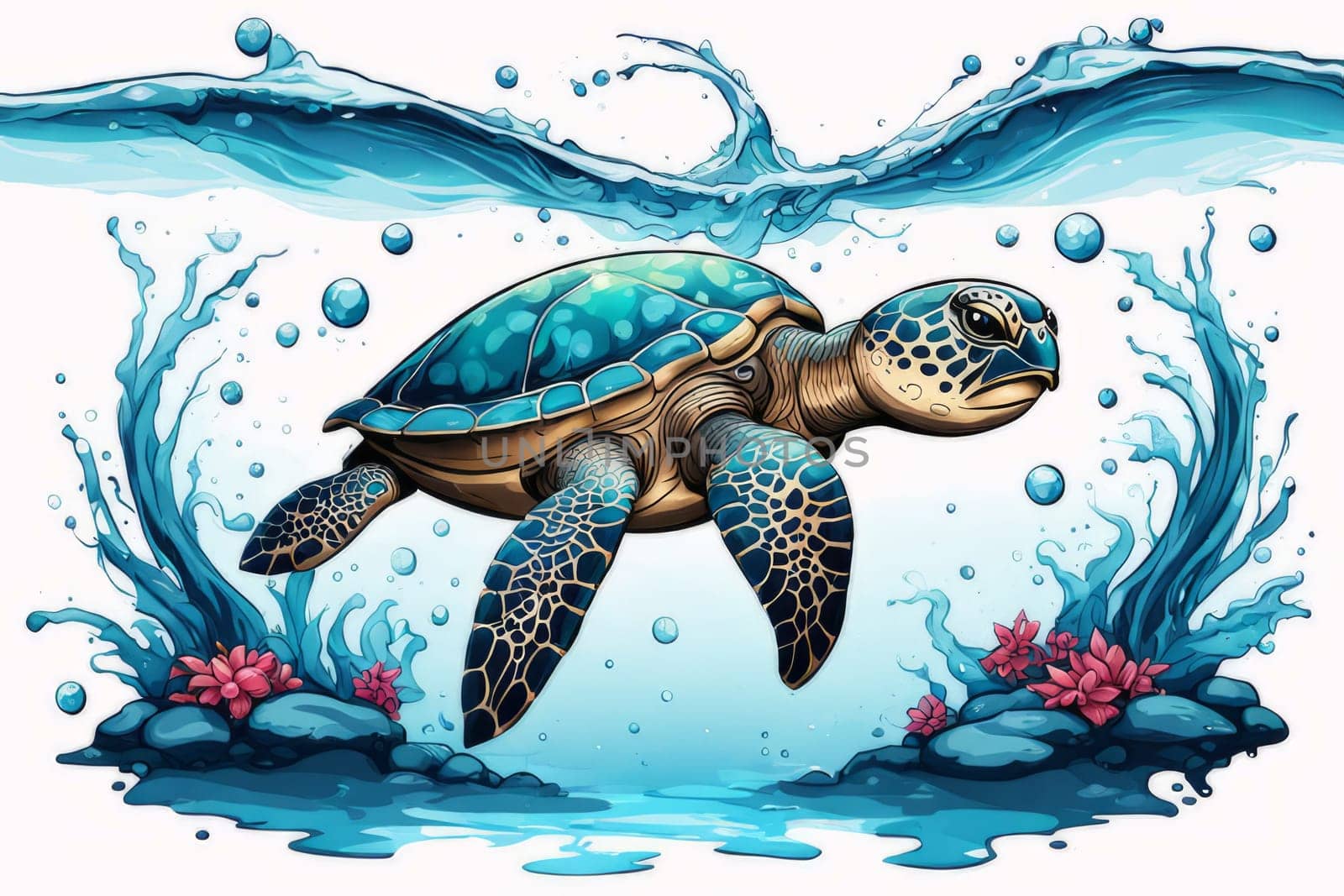 Majestic sea turtle gracefully swimming in ocean depths, surrounded by tranquil beauty of delicate lotus flower. For Tshirt design, posters, postcards, merchandise with marine theme, childrens books