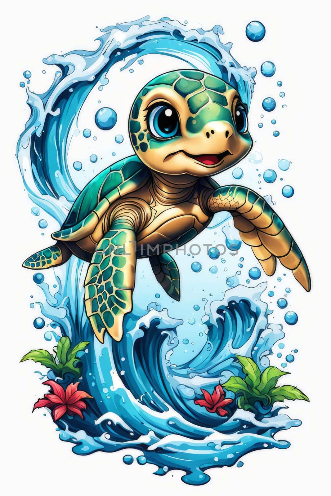 Majestic sea turtle gracefully swimming in ocean depths, surrounded by tranquil beauty of delicate lotus flower. For Tshirt design, posters, postcards, merchandise with marine theme, childrens books