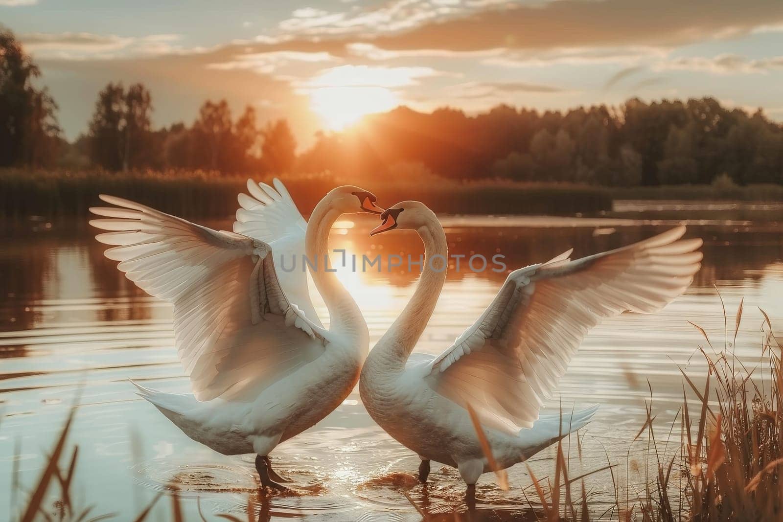 Two swans on the lake with sunset Nature Landscape Scenery.