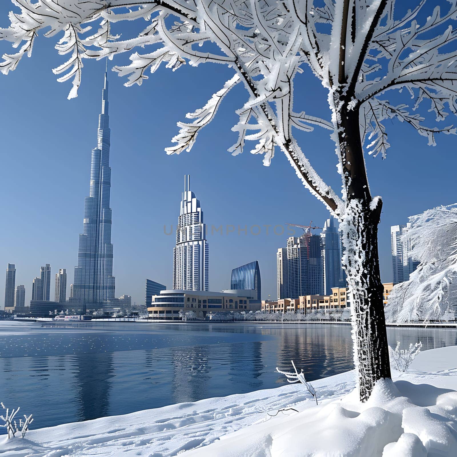 A serene winter morning in the snowy cityscape, with a majestic tree in the foreground. Skyscrapers tower in the background under the clear blue sky, creating a picturesque natural landscape