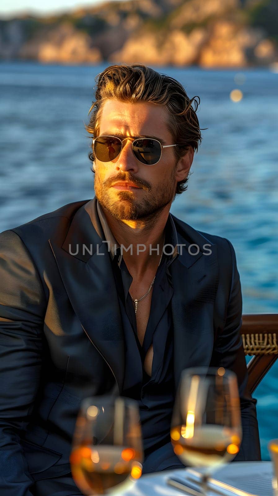 A man sporting sunglasses sits at a table with two glasses of wine. His eyewear enhances his vision, while his beard adds to his charm