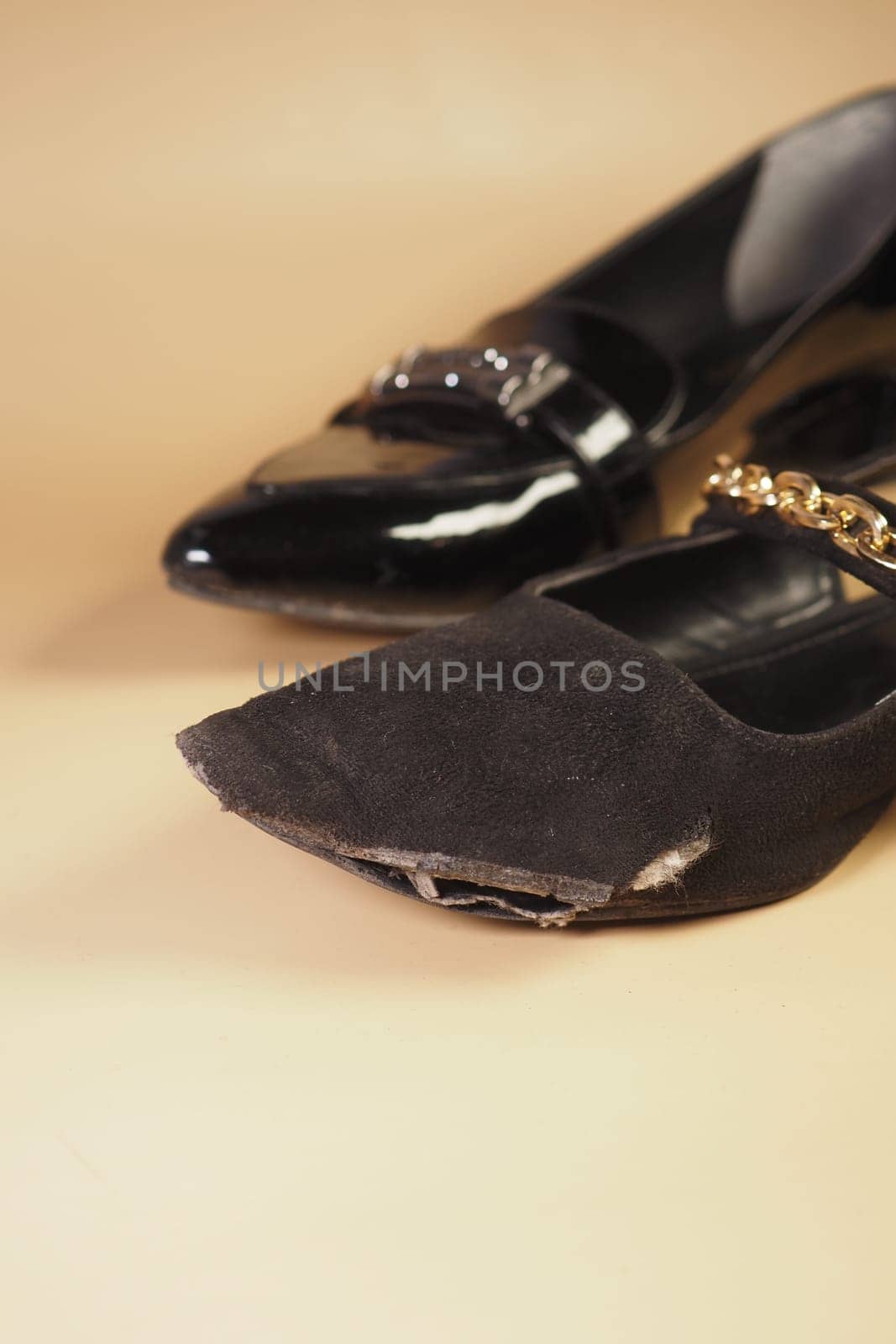 damaged women old worn torn shoes