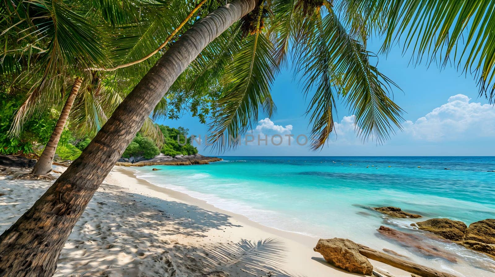 tropical beach view at sunny day with white sand, turquoise water and palm tree, neural network generated image by z1b