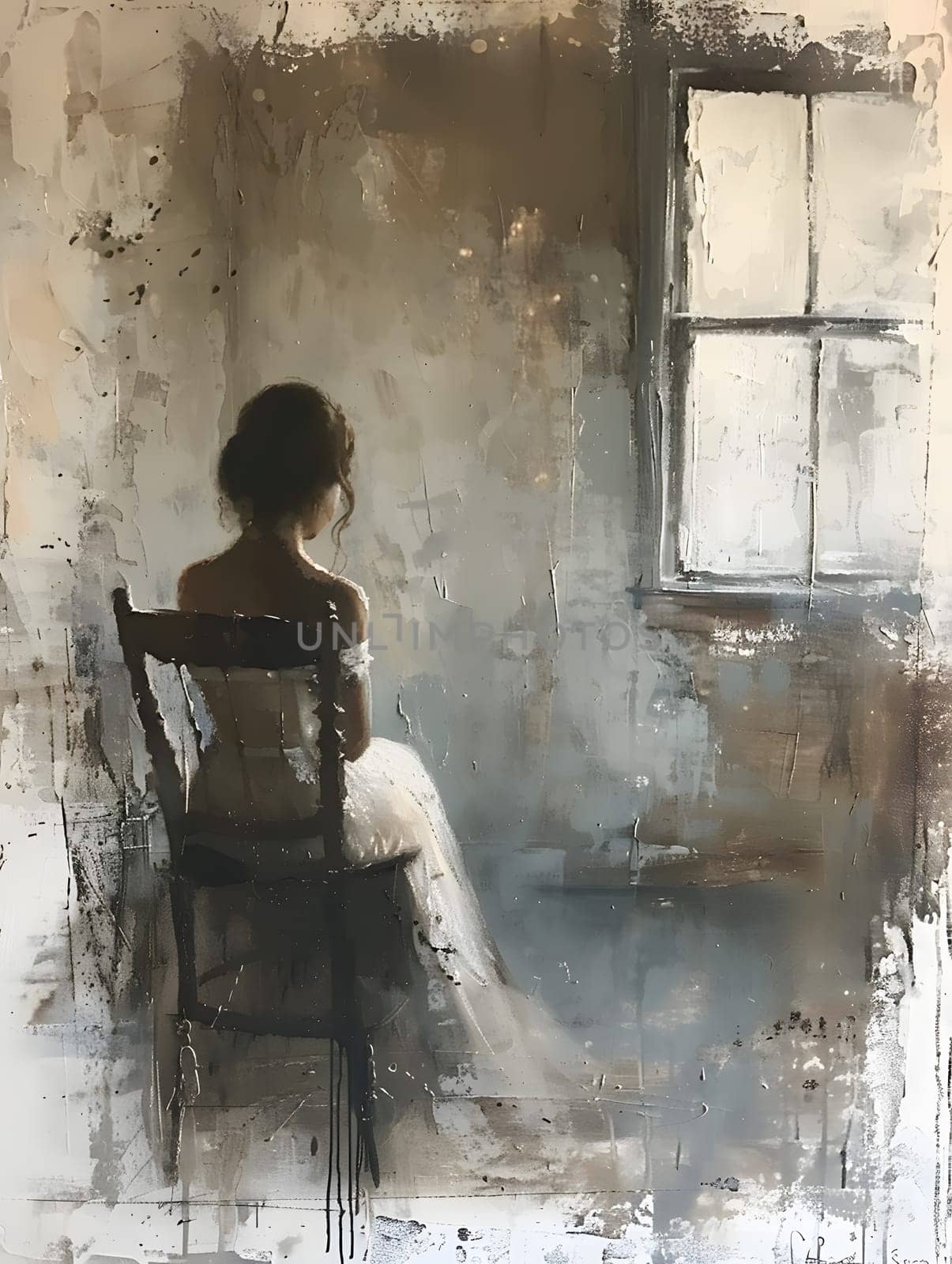 A woman in a white dress sits by a window, facing a painting on the wall by Nadtochiy