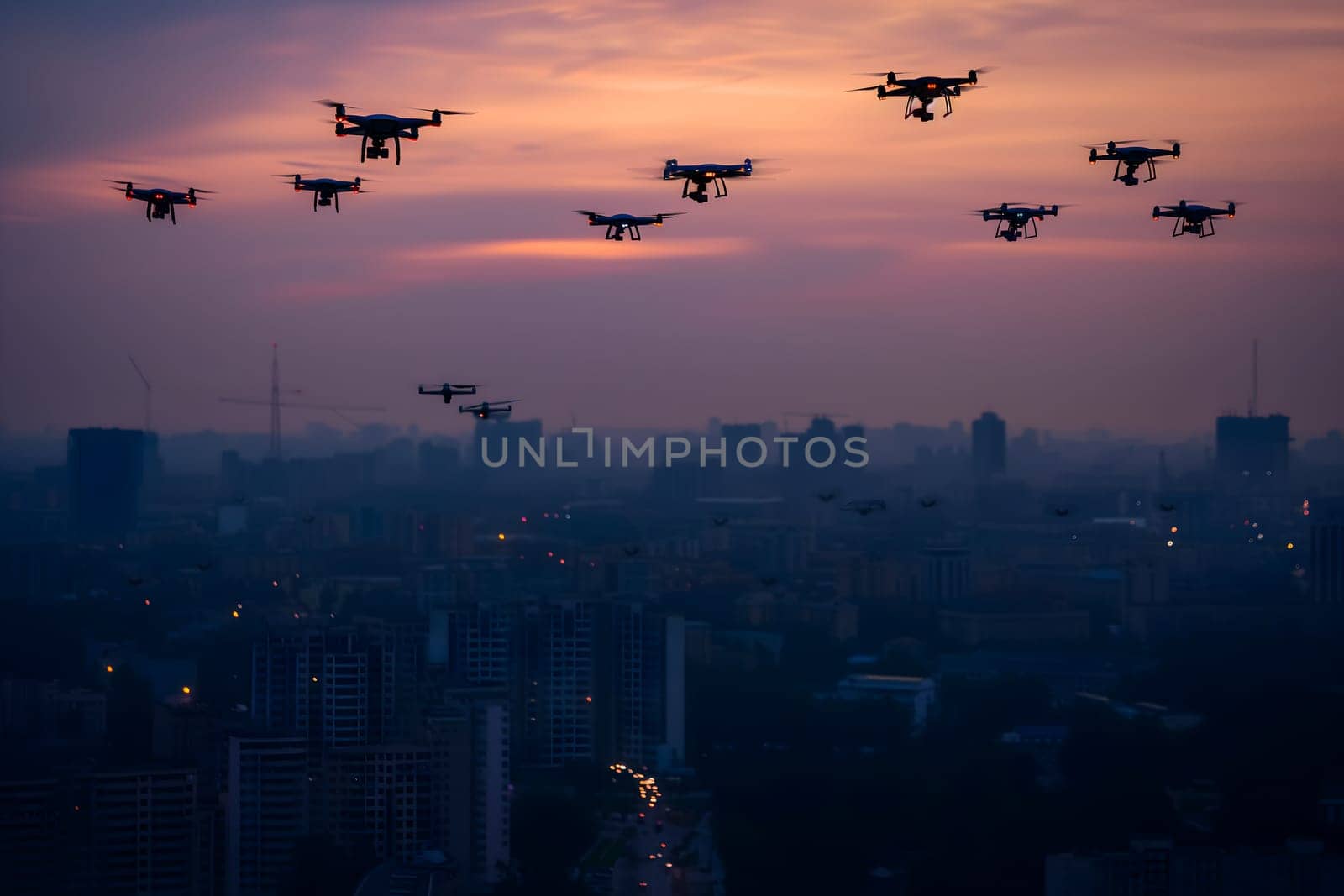 group of drones over city at summer morning by z1b