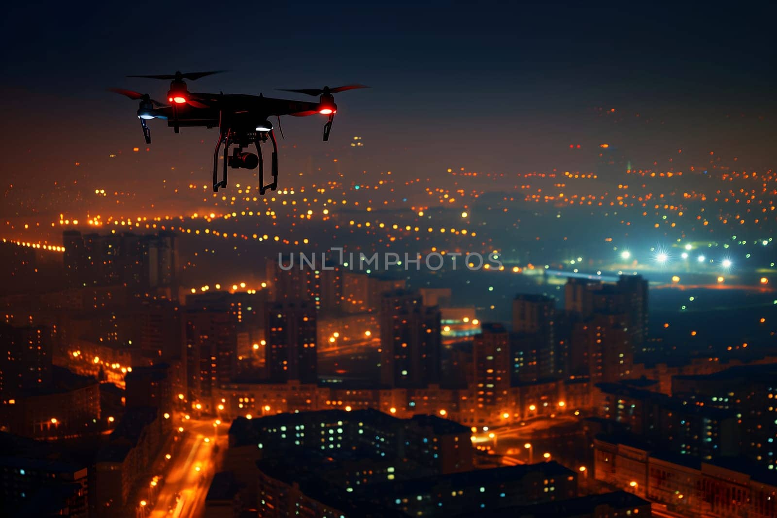 Drone above the city at summer night. Neural network generated image. Not based on any actual scene or pattern.