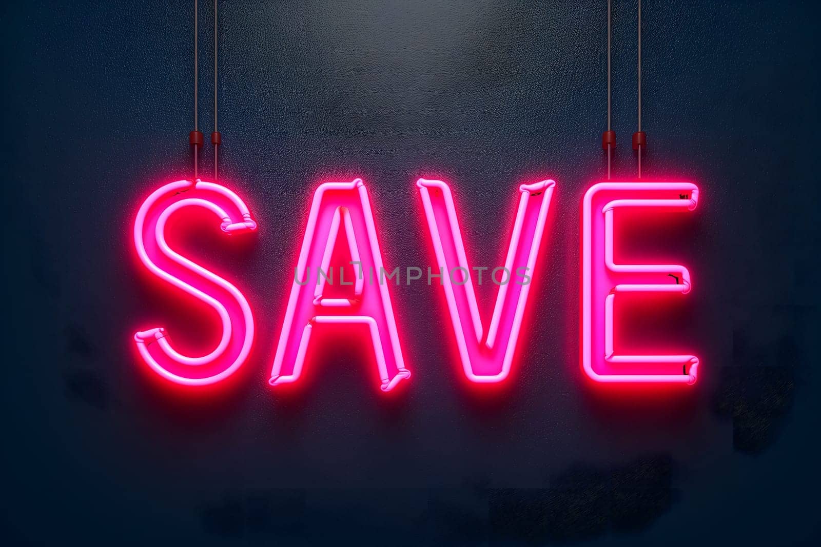 Neon word save on dark shabby wall. Neural network generated image. Not based on any actual scene or pattern.