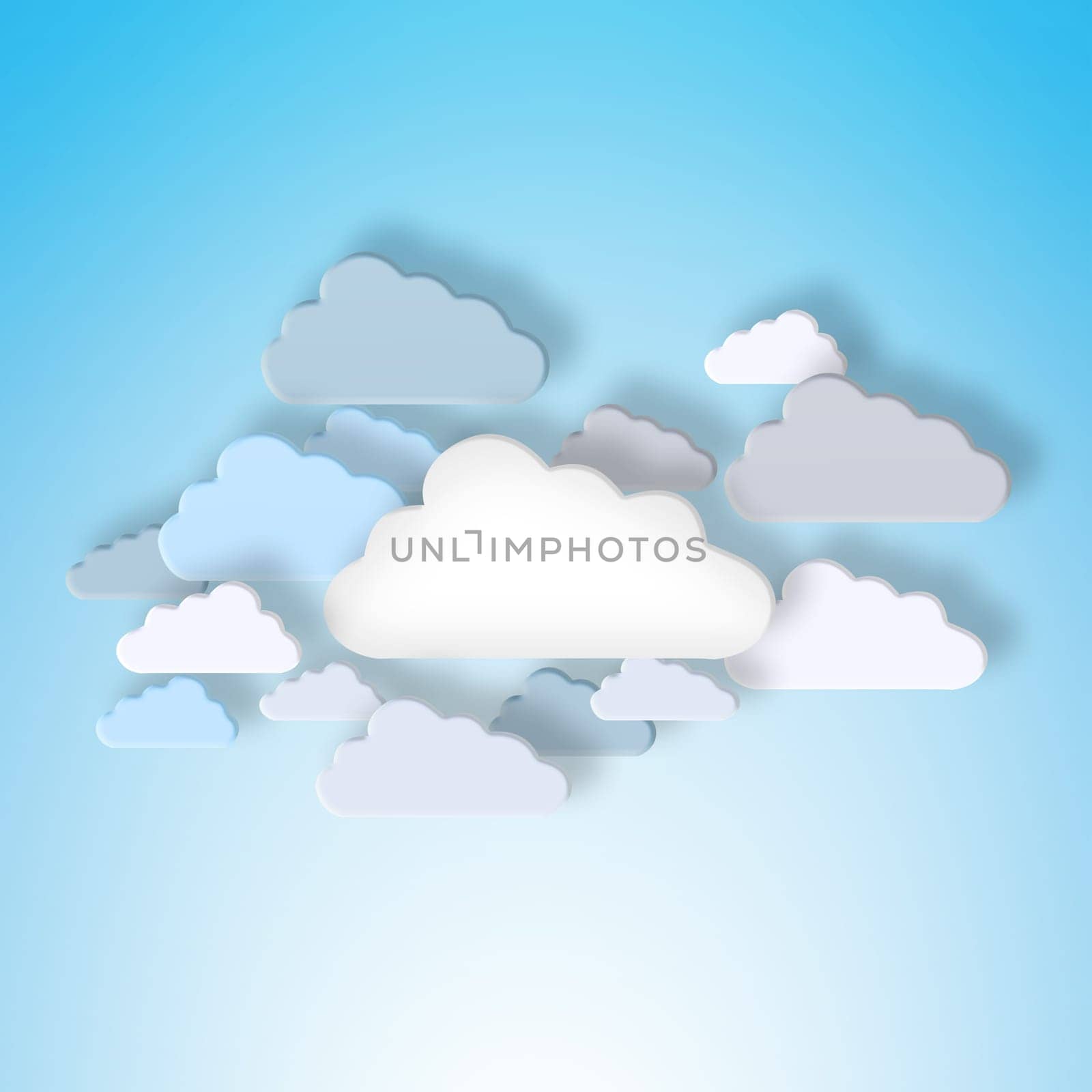 Cloud computing, 3d and graphic with data, storage and cartoon with art for digital transformation. Networking, futuristic expansion and information technology with online server on blue background by YuriArcurs