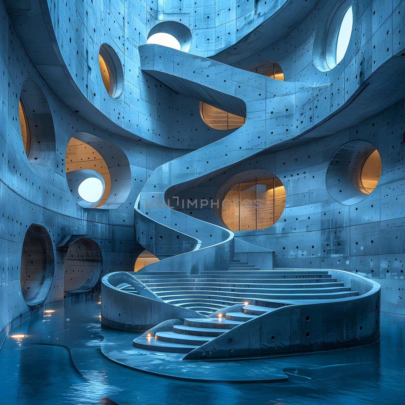 A waterlike azure building featuring electric blue glass windows, a spiral staircase, and unique artistic patterns creating a space of modern art and graphics