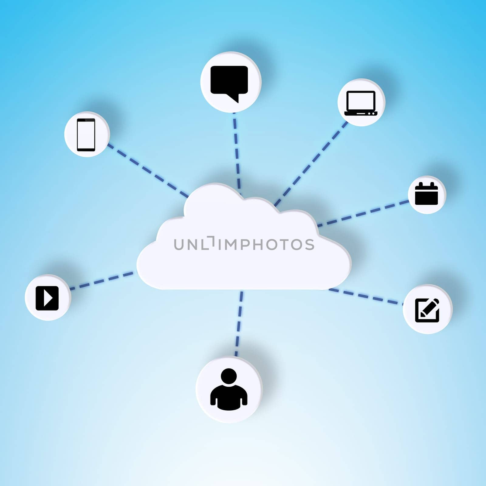 Cloud computing, abstract and graphic in studio for connection isolated on a blue background. Networking, icons and data on internet for information, online or communication with illustration pattern.