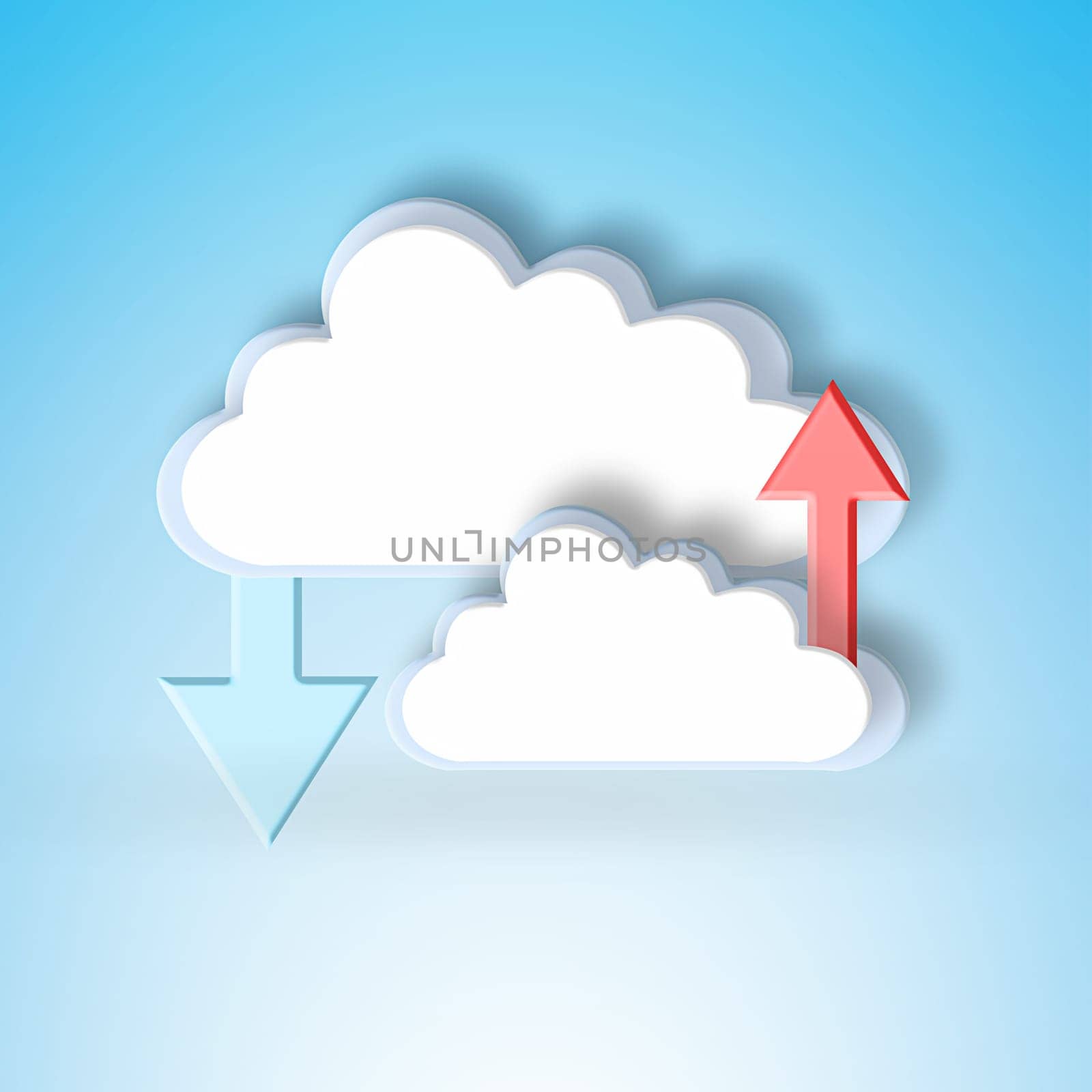 Cloud computing, graphic and arrow for download for data science, information technology and art on blue background. Networking, storage icon and futuristic it for digital expansion with upload sign.