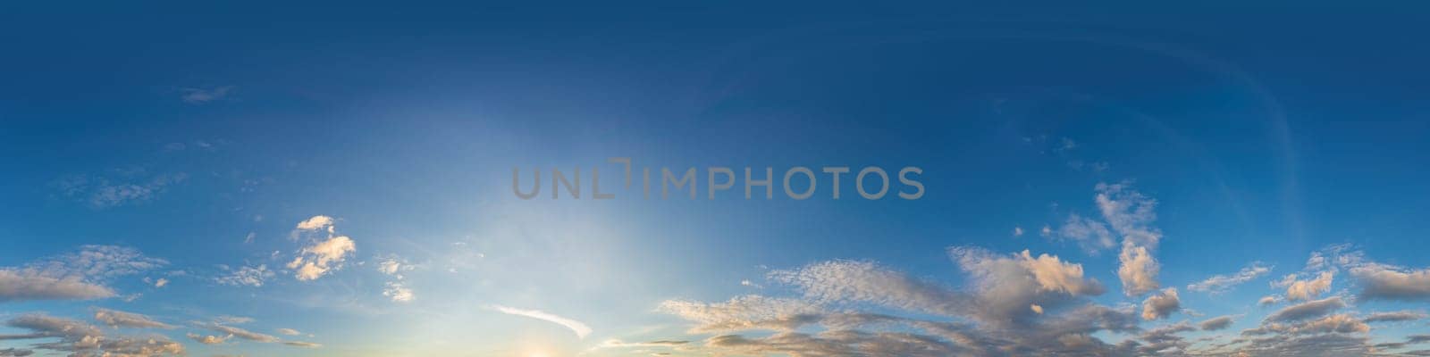 Dark blue sunset sky panorama with pink Cumulus clouds. Seamless hdr 360 panorama in spherical equirectangular format. Full zenith for 3D visualization, sky replacement for aerial drone panoramas. by panophotograph