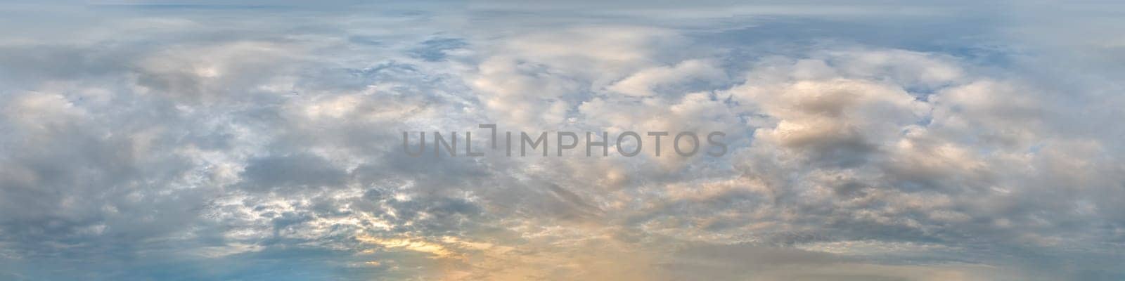 Sky panorama with Stratocumulus clouds in Seamless spherical equirectangular format as full zenith for use in 3D graphics, game and composites in aerial drone 360 degree panoramas for sky replacement