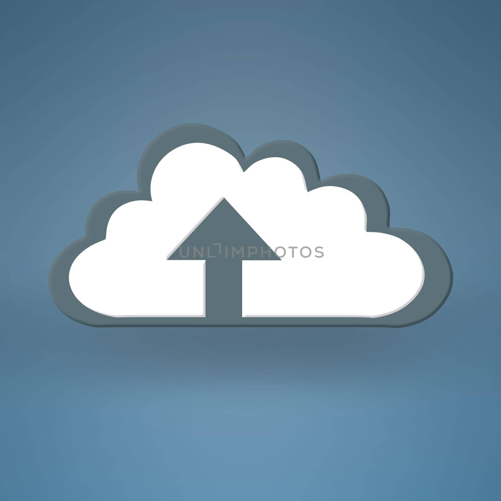 Cloud computing, graphic and arrow for upload with sign for data, information technology and art on blue background. Networking, storage icon and futuristic it for digital expansion with connectivity.