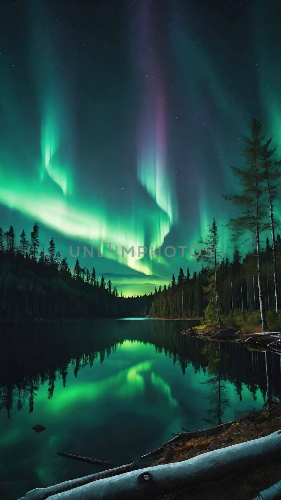 Aurora borealis, northern lights over lake and forest. by yilmazsavaskandag